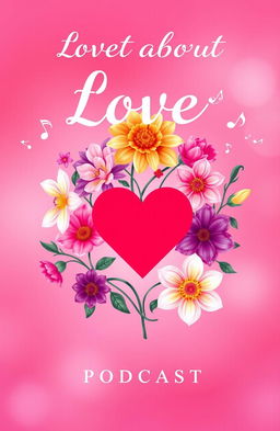 A captivating podcast cover for a show about love, featuring a heart symbol at the center surrounded by vibrant and intertwining flowers, symbolizing different types of love