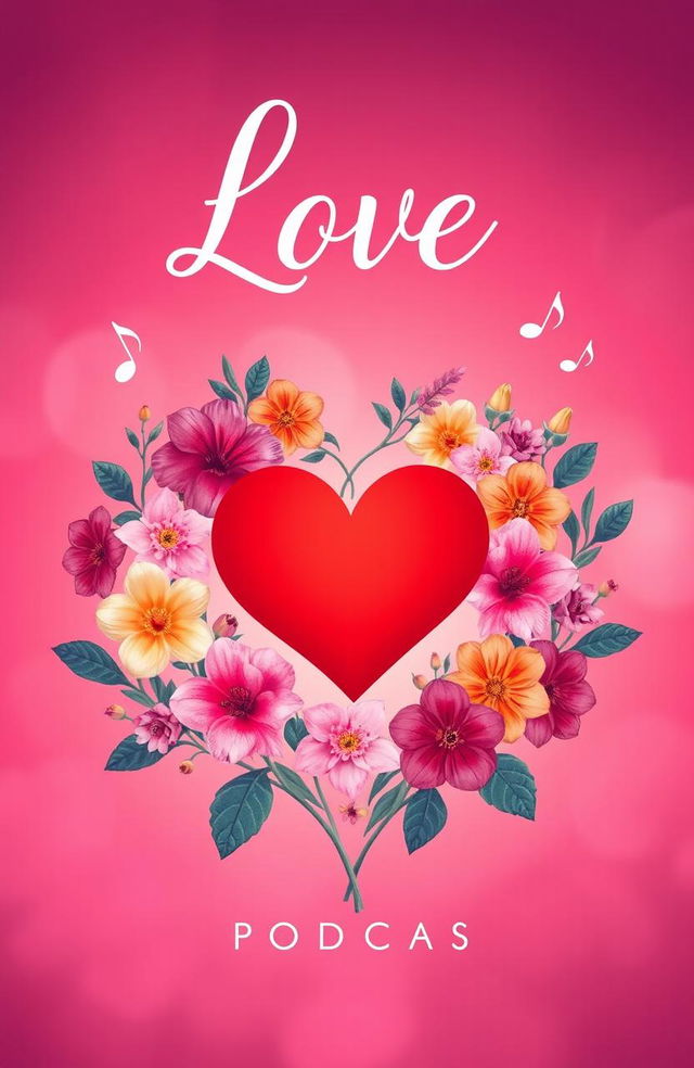 A captivating podcast cover for a show about love, featuring a heart symbol at the center surrounded by vibrant and intertwining flowers, symbolizing different types of love