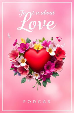 A captivating podcast cover for a show about love, featuring a heart symbol at the center surrounded by vibrant and intertwining flowers, symbolizing different types of love