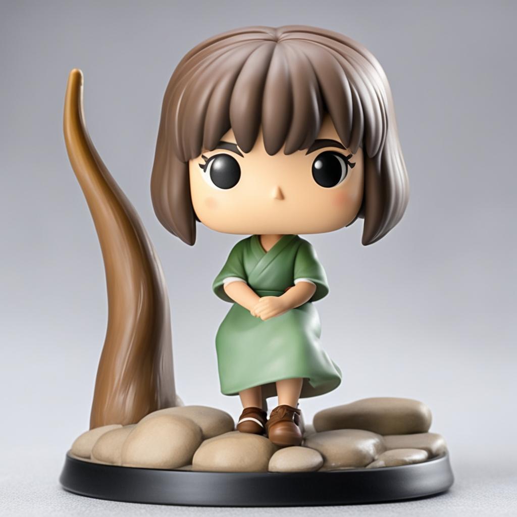 A Spirited Away-themed Funko Pop vinyl figure of Chihiro on a cobblestone base against a pure white background, embodying the essence of Studio Ghibli's magical realism