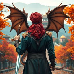 A fantastical prince with vibrant red hair, viewed from behind, positioned in the center of the image