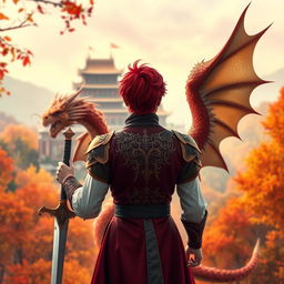 A fantastical prince with vibrant red hair, viewed from behind, positioned in the center of the image