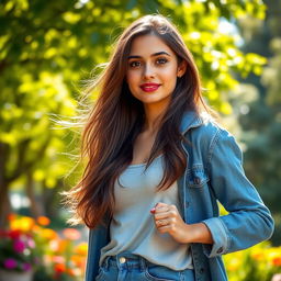 A captivating portrait of a young woman, standing confidently with an expression of empowerment, dressed in stylish casual wear