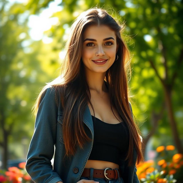 A captivating portrait of a young woman, standing confidently with an expression of empowerment, dressed in stylish casual wear