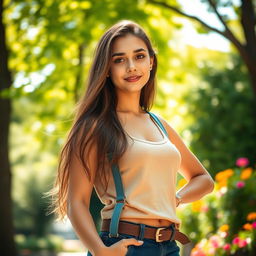 A captivating portrait of a young woman, standing confidently with an expression of empowerment, dressed in stylish casual wear