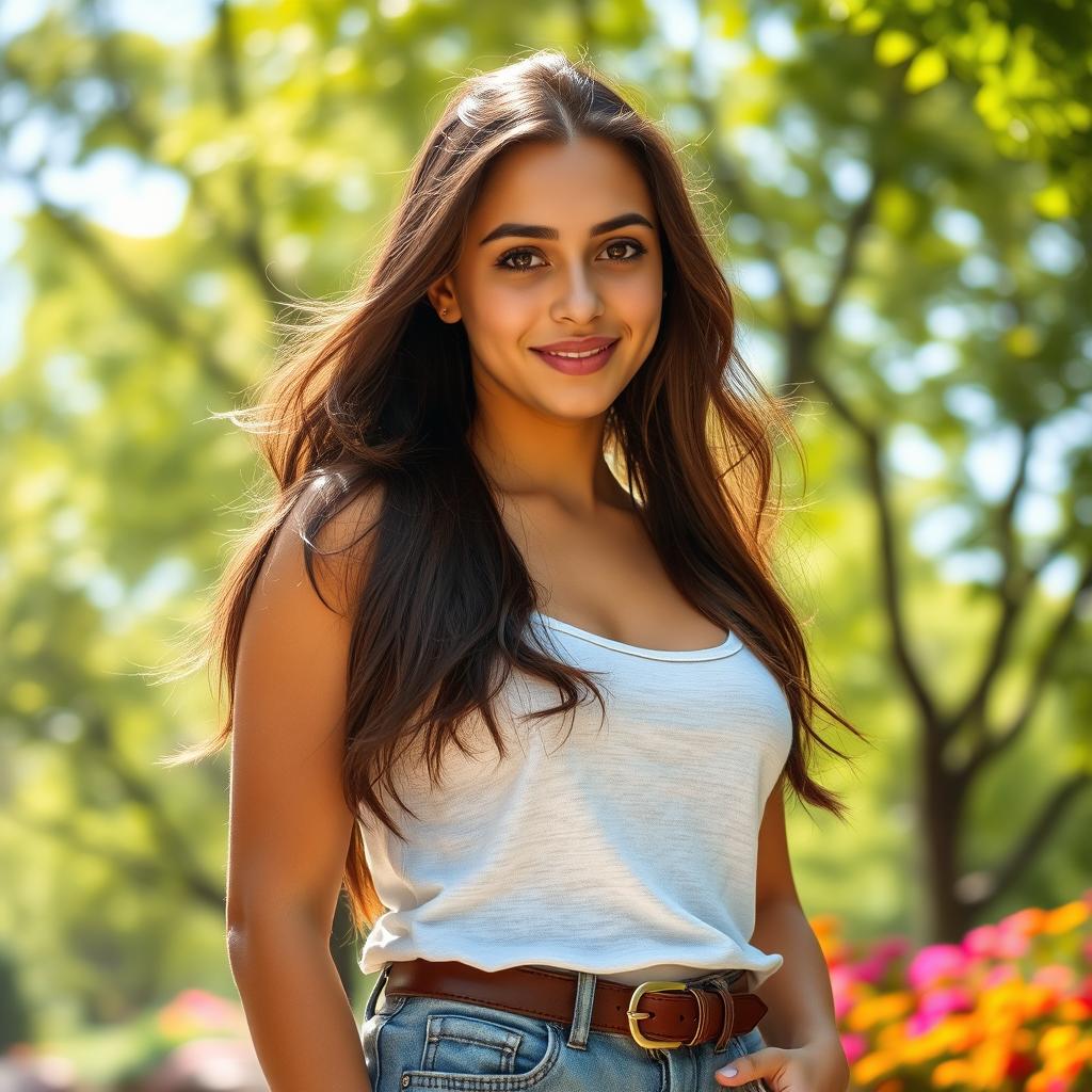 A captivating portrait of a young woman, standing confidently with an expression of empowerment, dressed in stylish casual wear