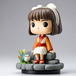 A Spirited Away-themed Funko Pop vinyl figure of Chihiro on a cobblestone base against a pure white background, embodying the essence of Studio Ghibli's magical realism