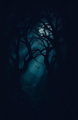 A mysterious scene set in a dusky forest, where dark shadows loom around ancient, gnarled trees