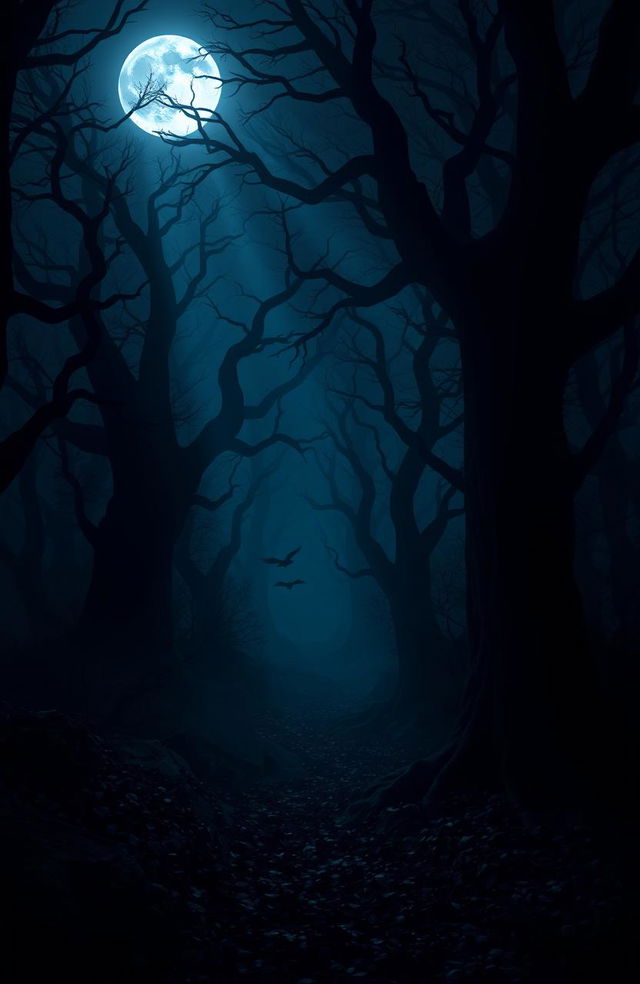 A mysterious scene set in a dusky forest, where dark shadows loom around ancient, gnarled trees