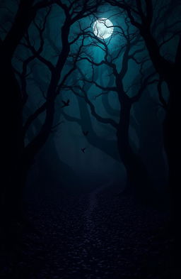 A mysterious scene set in a dusky forest, where dark shadows loom around ancient, gnarled trees