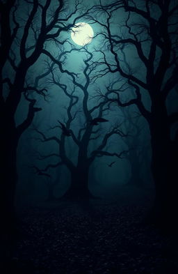 A mysterious scene set in a dusky forest, where dark shadows loom around ancient, gnarled trees