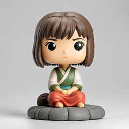 A Spirited Away-themed Funko Pop vinyl figure of Chihiro on a cobblestone base against a pure white background, embodying the essence of Studio Ghibli's magical realism