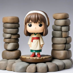 A Spirited Away-themed Funko Pop vinyl figure of Chihiro on a cobblestone base against a pure white background, embodying the essence of Studio Ghibli's magical realism