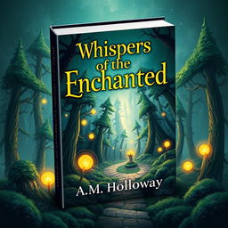 Create a captivating book cover design that stands out and catches attention, featuring a vibrant and intriguing illustration of a surreal landscape with a mystical forest, towering trees, and glowing magical orbs