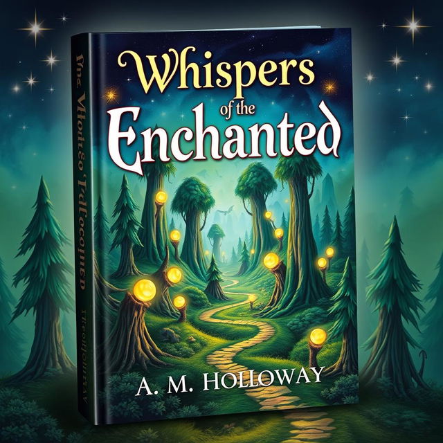 Create a captivating book cover design that stands out and catches attention, featuring a vibrant and intriguing illustration of a surreal landscape with a mystical forest, towering trees, and glowing magical orbs