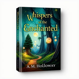 Create a captivating book cover design that stands out and catches attention, featuring a vibrant and intriguing illustration of a surreal landscape with a mystical forest, towering trees, and glowing magical orbs