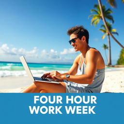 A person sitting on a tropical beach, laptop in hand, focused and smiling, focused on work but enjoying the beautiful sunny day and gentle waves