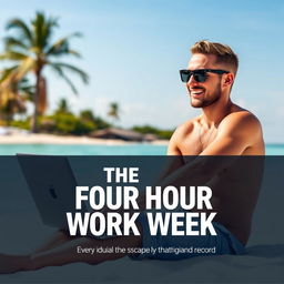 A person sitting on a tropical beach, laptop in hand, focused and smiling, focused on work but enjoying the beautiful sunny day and gentle waves