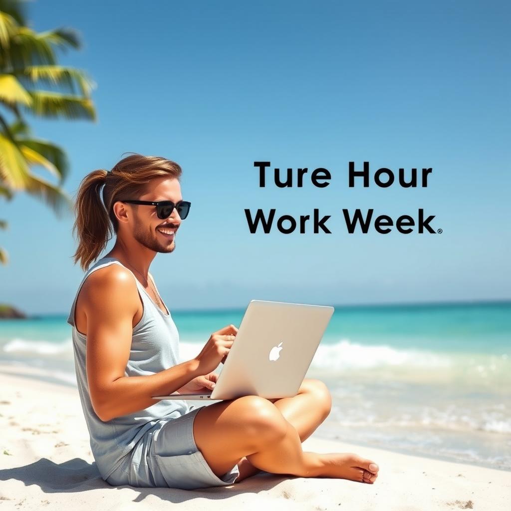 A person sitting on a tropical beach, laptop in hand, focused and smiling, focused on work but enjoying the beautiful sunny day and gentle waves