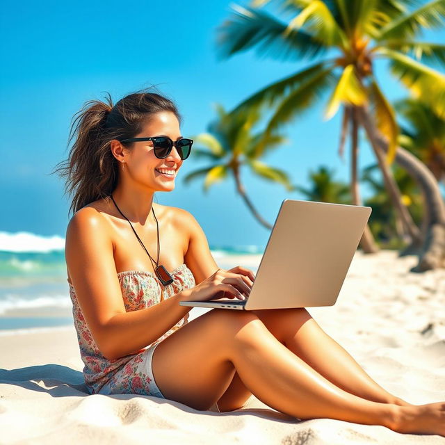 A person sitting on a tropical beach, laptop in hand, focused and smiling, focused on work but enjoying the beautiful sunny day and gentle waves