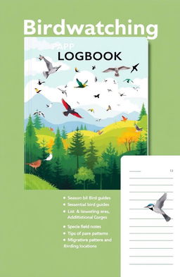 A comprehensive birdwatching logbook design, featuring an illustrative cover that depicts a serene forest or park scene with various birds in flight, showcasing beauty and tranquility