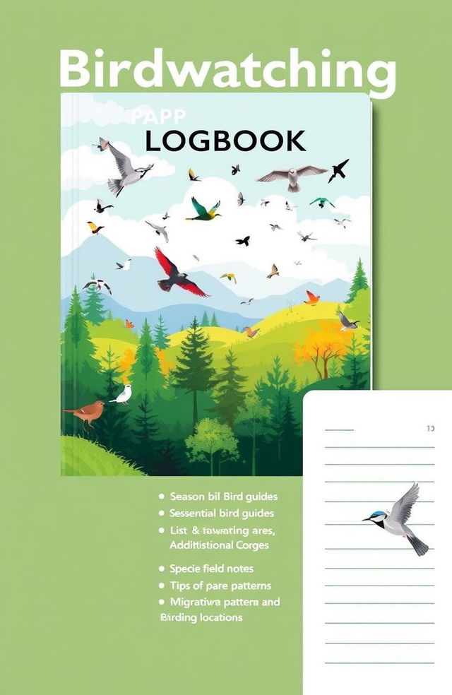 A comprehensive birdwatching logbook design, featuring an illustrative cover that depicts a serene forest or park scene with various birds in flight, showcasing beauty and tranquility