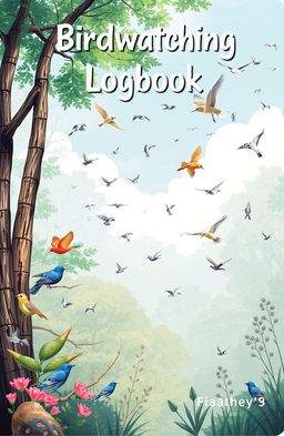 A comprehensive birdwatching logbook design, featuring an illustrative cover that depicts a serene forest or park scene with various birds in flight, showcasing beauty and tranquility