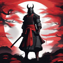 Generate an image of a royal samurai, dressed in captivating black armor with bold red accents