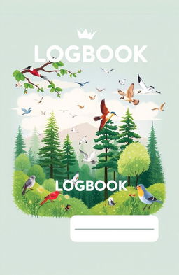 A comprehensive birdwatching logbook design, featuring an illustrative cover that depicts a serene forest or park scene with various birds in flight, showcasing beauty and tranquility