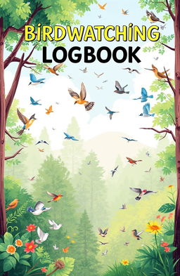 A comprehensive birdwatching logbook design, featuring an illustrative cover that depicts a serene forest or park scene with various birds in flight, showcasing beauty and tranquility