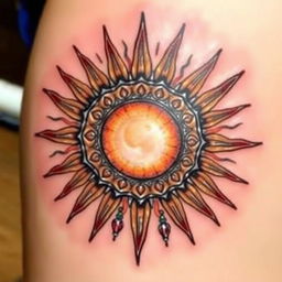 A stunning tattoo design featuring a radiant sun with intricate rays and patterns