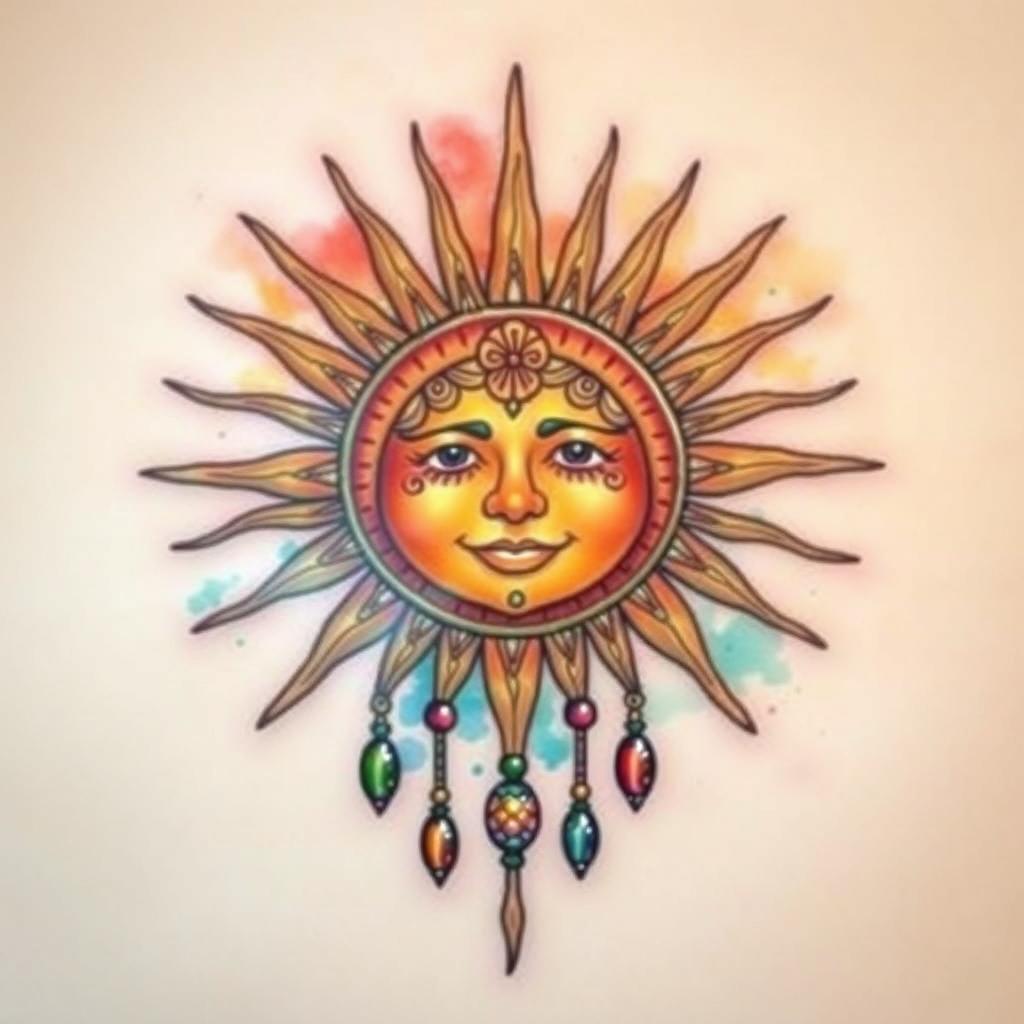 A stunning tattoo design featuring a radiant sun with intricate rays and patterns