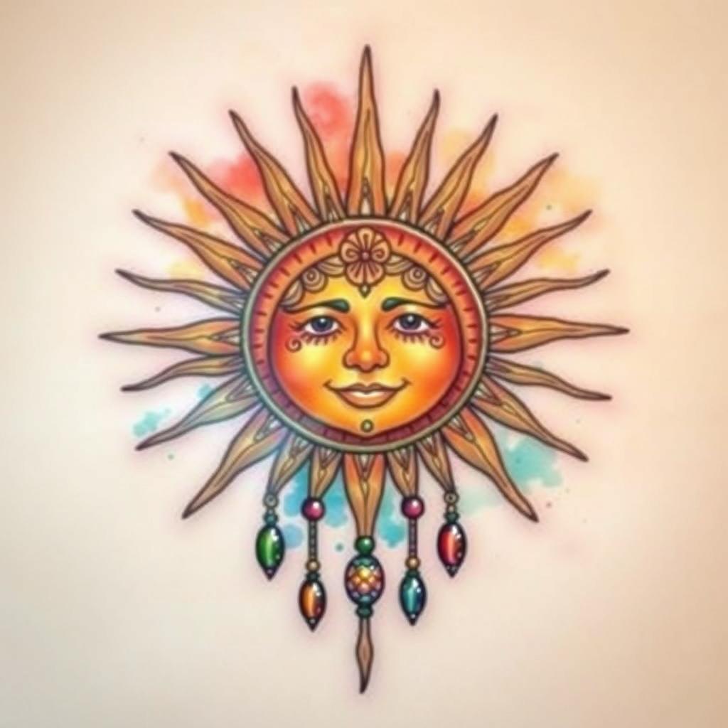 A stunning tattoo design featuring a radiant sun with intricate rays and patterns