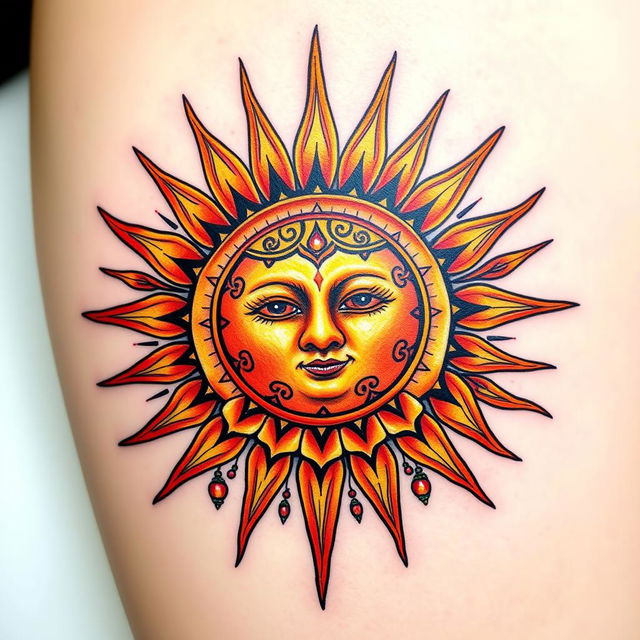 A stunning tattoo design featuring a radiant sun with intricate rays and patterns