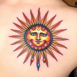 A stunning tattoo design featuring a radiant sun with intricate rays and patterns