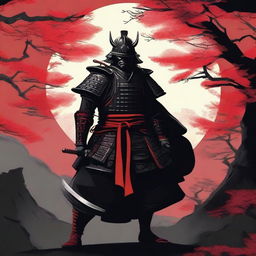 Generate an image of a royal samurai, dressed in captivating black armor with bold red accents