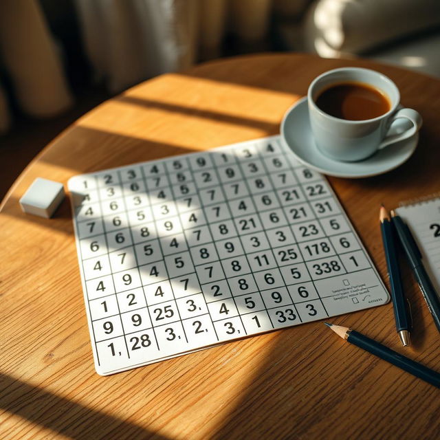 A beautifully arranged Sudoku puzzle on a wooden table