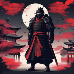 Generate an image of a royal samurai, dressed in captivating black armor with bold red accents