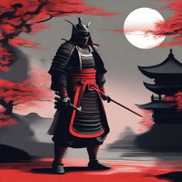 Generate an image of a royal samurai, dressed in captivating black armor with bold red accents