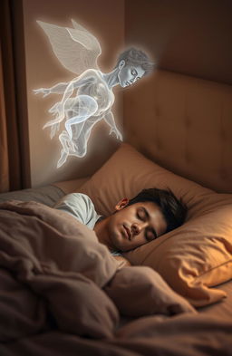 A young man peacefully sleeping on a bed, surrounded by soft pillows and a cozy blanket