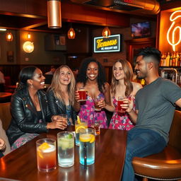A lively bar scene featuring a diverse group of friends enjoying a night out, laughing and chatting over drinks