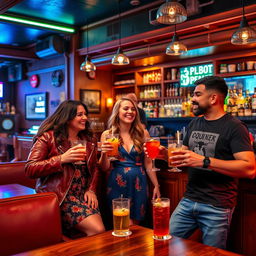 A lively bar scene featuring a diverse group of friends enjoying a night out, laughing and chatting over drinks