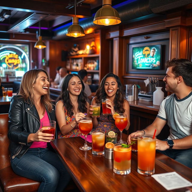 A lively bar scene featuring a diverse group of friends enjoying a night out, laughing and chatting over drinks