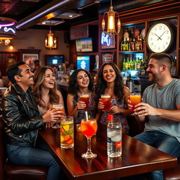 A lively bar scene featuring a diverse group of friends enjoying a night out, laughing and chatting over drinks