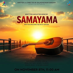 A picturesque movie poster featuring a stunning sunset casting a warm, golden glow over a beautiful bridge