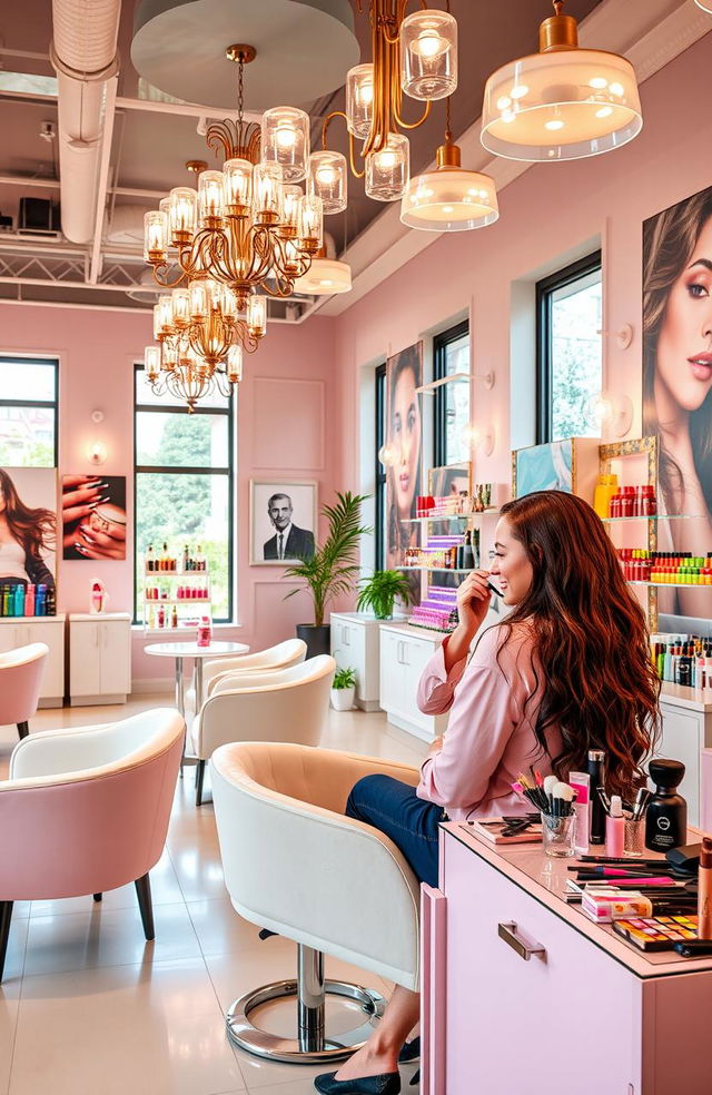 A beautiful and vibrant beauty salon interior, featuring stylish modern decor with elegant light fixtures, comfortable seating, and colorful beauty product displays