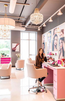 A beautiful and vibrant beauty salon interior, featuring stylish modern decor with elegant light fixtures, comfortable seating, and colorful beauty product displays