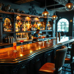 A beautifully detailed bar counter (barra de bar) in a rustic yet modern bar setting, featuring polished wooden tops, intricate carvings, and a row of various bottles arranged artfully behind it