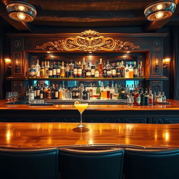 A beautifully detailed bar counter (barra de bar) in a rustic yet modern bar setting, featuring polished wooden tops, intricate carvings, and a row of various bottles arranged artfully behind it