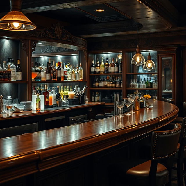 A beautifully detailed bar counter (barra de bar) in a rustic yet modern bar setting, featuring polished wooden tops, intricate carvings, and a row of various bottles arranged artfully behind it